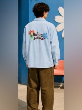 MELTING SADNESS Unisex Blue Corduroy Embroidered Bunny Button-Up Shirt XL NWT